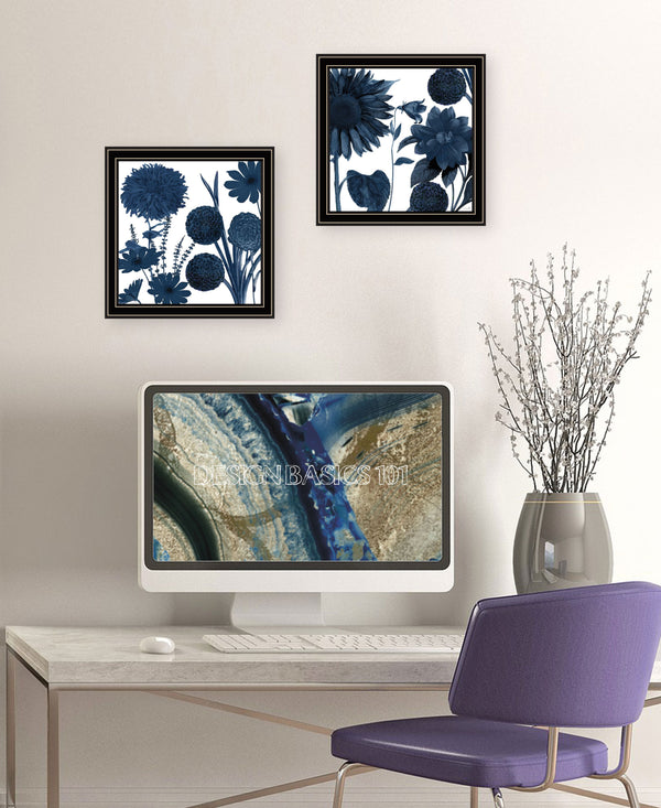 English Elm "sunflower Blues" Botanical Two-panel Framed Print with Matte Black Wood for Gallery Walls B06789473
