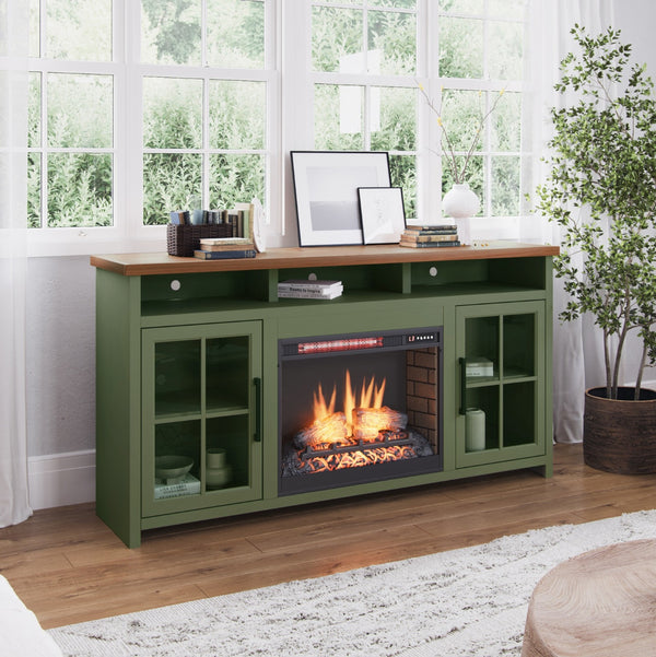 Legends Furniture Bridgevine Home Vineyard 74 Inch Fireplace Tv Stand Console For Tvs Up To 85 Inches, Sage Green And Fruitwood Finish Sage And Fruitwood, Green Poplar Solids And Okoume Veneers Vy5110.Sfl