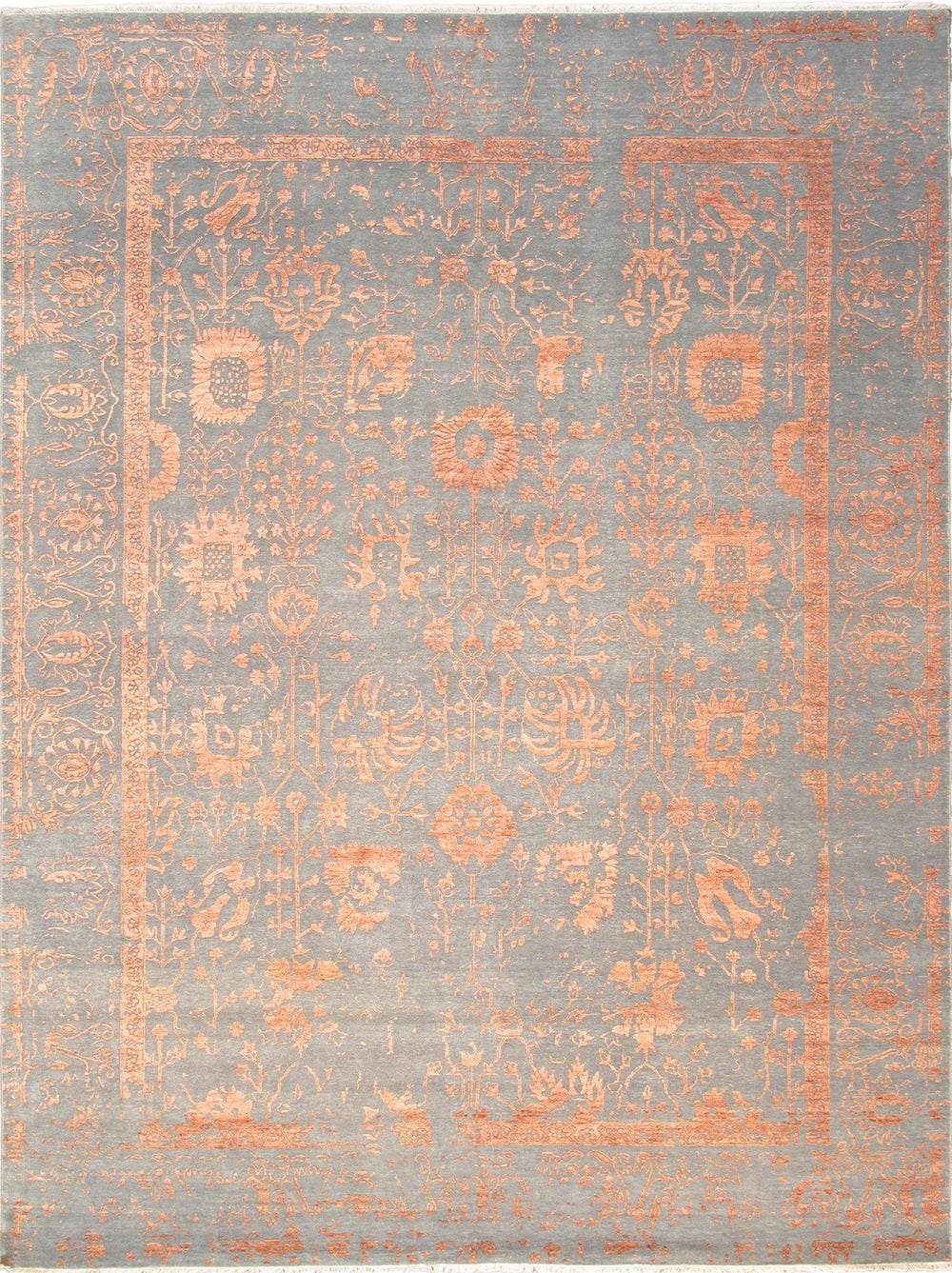 Pasargad Home Transitional Hand-knotted Silver Area Rug - Luxury Bamboo Silk & Wool Elegance   Vase-3sm 9x12