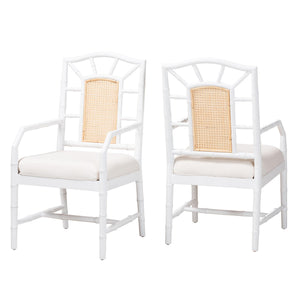 Baxton Studio Bali & Pari Victor Mahogany Rattan Dining Arm Chairs Bohemian Coastal Set of 2 Victor-White/Natural Wooden-Arm-DC