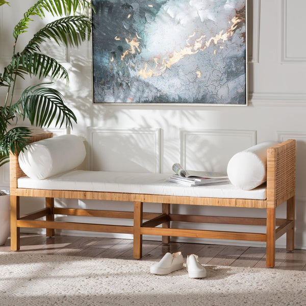 Bali & Pari Vivan Handwoven Rattan Bench with Cushion for Entryway Bedroom or Coastal Living