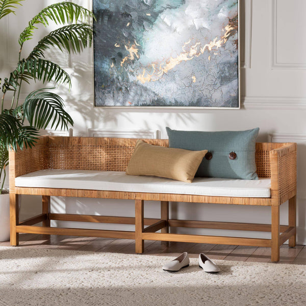 Bali & Pari Vivan Handwoven Rattan Bench with Cushion for Entryway Bedroom or Coastal Living