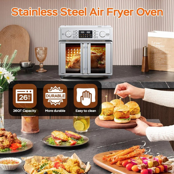 English Elm Plumchef 26Qt French Door Convection Oven 7In1 Air Fryer with 14 Preset Menus Silver W1002P401550