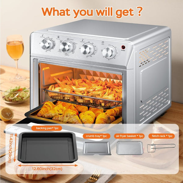 English Elm Plum Chef 27.5Qt Stainless Countertop Oven with Air Fry Bake Broil and Dehydrate Silver W1002P415391