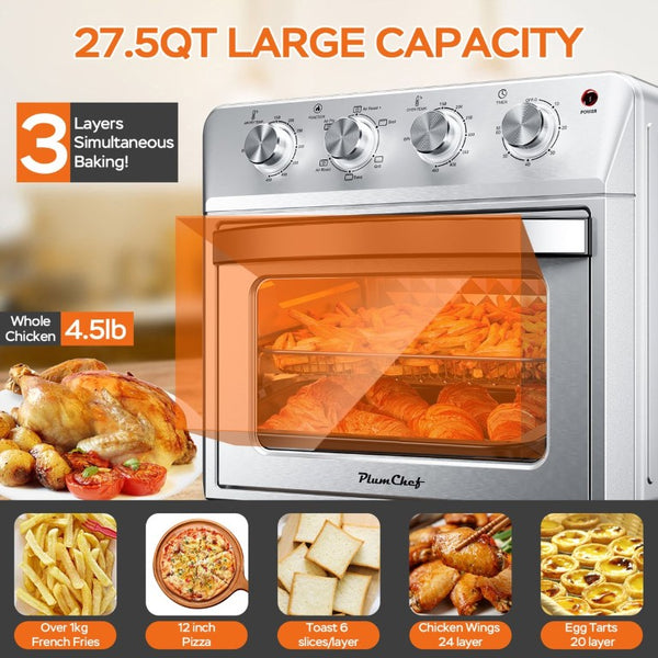 English Elm Plum Chef 27.5Qt Stainless Countertop Oven with Air Fry Bake Broil and Dehydrate Silver W1002P415391