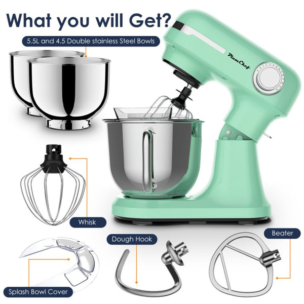 English Elm 5.5Qt/4.5Qt Dual Bowl Stand Mixer 12 Speed Tilt Head 350W Planetary Action Mint W1002P525768