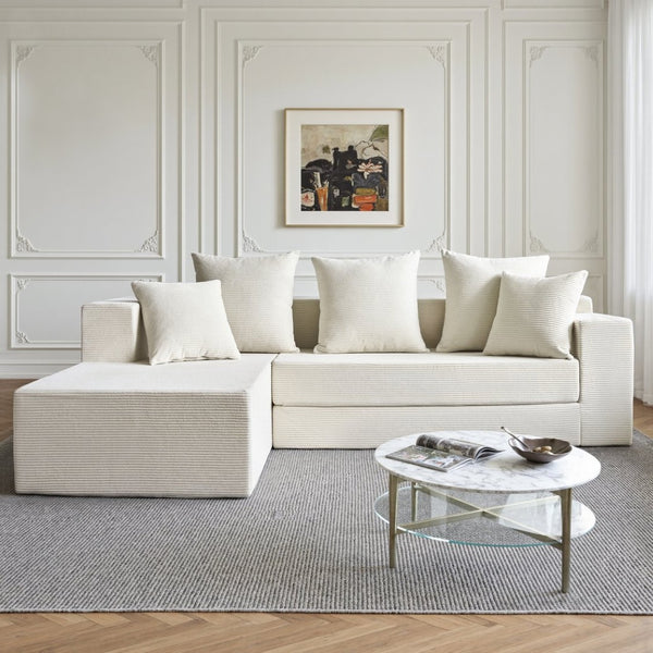 English Elm 106.5" Convertible Corduroy Sectional Sofa Bed Floor Couch with High-resilience Foam Seating Beige White W1002S00011