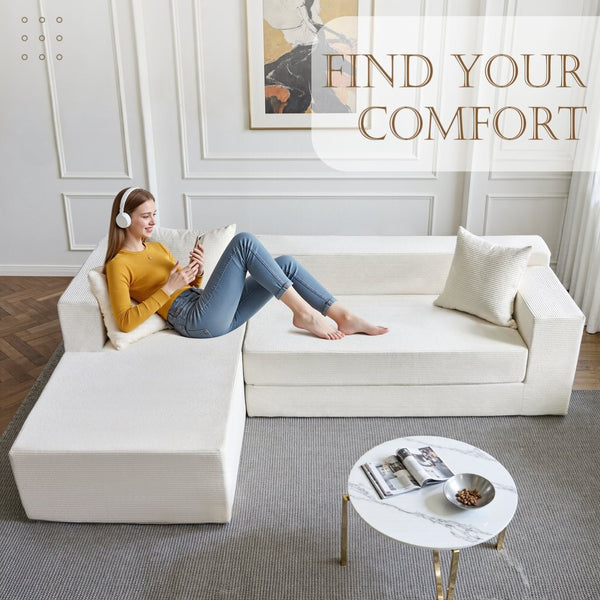 English Elm 106.5" Convertible Corduroy Sectional Sofa Bed Floor Couch with High-resilience Foam Seating Beige White W1002S00011