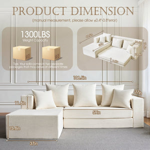 English Elm 106.5" Convertible Corduroy Sectional Sofa Bed Floor Couch with High-resilience Foam Seating Beige White W1002S00011