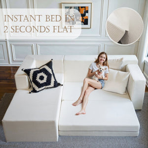 English Elm 106.5" Convertible Corduroy Sectional Sofa Bed Floor Couch with High-resilience Foam Seating Beige White W1002S00011