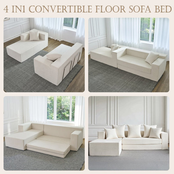 English Elm 106.5" Convertible Corduroy Sectional Sofa Bed Floor Couch with High-resilience Foam Seating Beige White W1002S00011