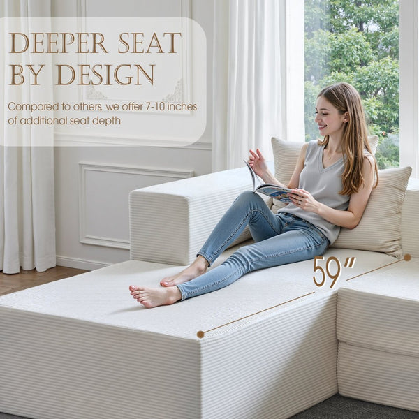 English Elm 106.5" Convertible Corduroy Sectional Sofa Bed Floor Couch with High-resilience Foam Seating Beige White W1002S00011