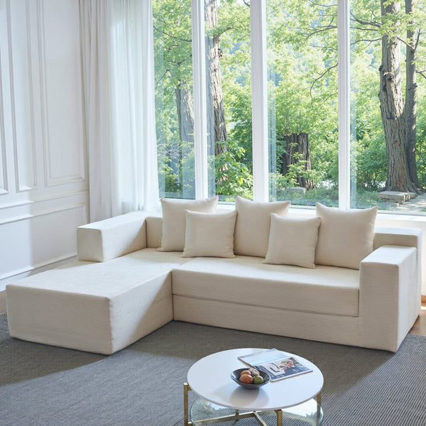 English Elm 106.5" Convertible Corduroy Sectional Sofa Bed Floor Couch with High-resilience Foam Seating Beige White W1002S00011
