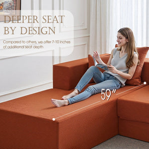 English Elm 106.5" Convertible Corduroy Sectional Sofa Bed Floor Couch with High-resilience Foam Seating Orange W1002S00012