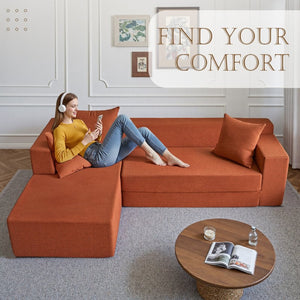 English Elm 106.5" Convertible Corduroy Sectional Sofa Bed Floor Couch with High-resilience Foam Seating Orange W1002S00012