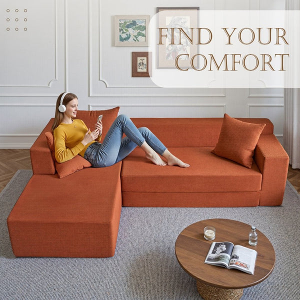 English Elm 106.5" Convertible Corduroy Sectional Sofa Bed Floor Couch with High-resilience Foam Seating Orange W1002S00012