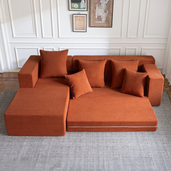English Elm 106.5" Convertible Corduroy Sectional Sofa Bed Floor Couch with High-resilience Foam Seating Orange W1002S00012