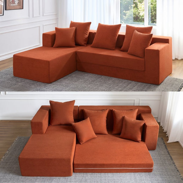 English Elm 106.5" Convertible Corduroy Sectional Sofa Bed Floor Couch with High-resilience Foam Seating Orange W1002S00012