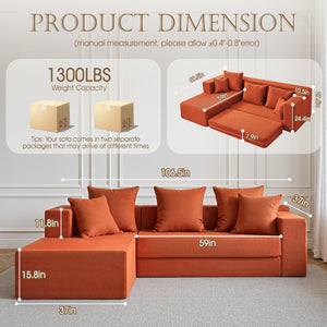 English Elm 106.5" Convertible Corduroy Sectional Sofa Bed Floor Couch with High-resilience Foam Seating Orange W1002S00012