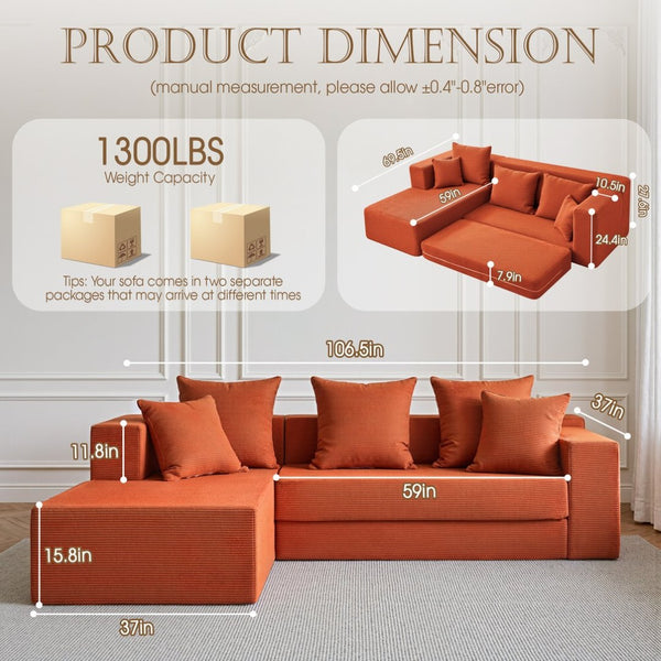 English Elm 106.5" Convertible Corduroy Sectional Sofa Bed Floor Couch with High-resilience Foam Seating Orange W1002S00012
