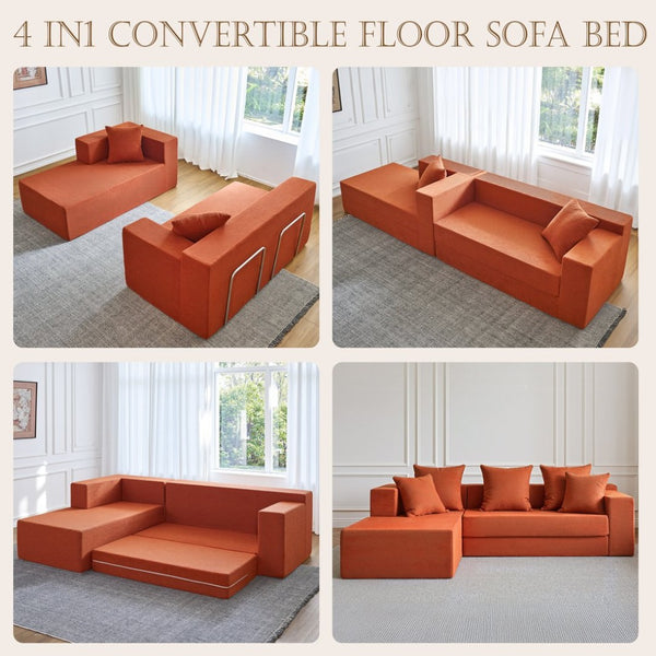 English Elm 106.5" Convertible Corduroy Sectional Sofa Bed Floor Couch with High-resilience Foam Seating Orange W1002S00012