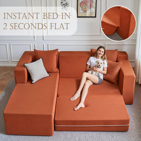 English Elm 106.5" Convertible Corduroy Sectional Sofa Bed Floor Couch with High-resilience Foam Seating Orange W1002S00012