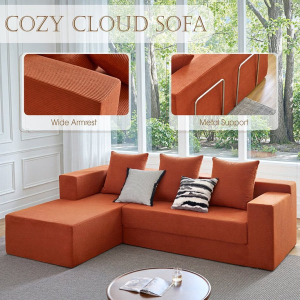 English Elm 106.5" Convertible Corduroy Sectional Sofa Bed Floor Couch with High-resilience Foam Seating Orange W1002S00012