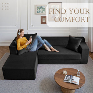 English Elm 106.5" Convertible Corduroy Sectional Sofa Bed Floor Couch with High-resilience Foam Seating Black W1002S00013