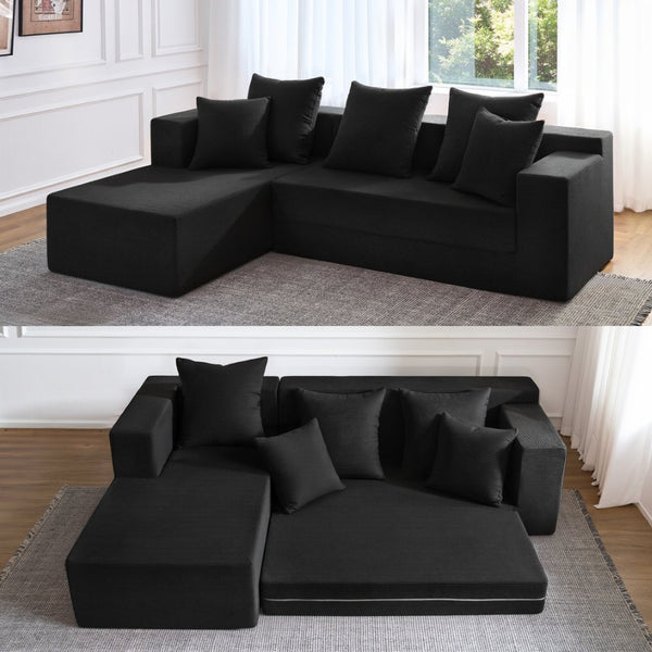 English Elm 106.5" Convertible Corduroy Sectional Sofa Bed Floor Couch with High-resilience Foam Seating Black W1002S00013