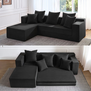 English Elm 106.5" Convertible Corduroy Sectional Sofa Bed Floor Couch with High-resilience Foam Seating Black W1002S00013