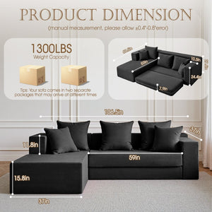 English Elm 106.5" Convertible Corduroy Sectional Sofa Bed Floor Couch with High-resilience Foam Seating Black W1002S00013