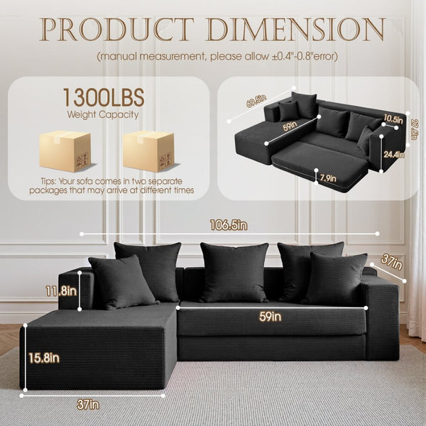 English Elm 106.5" Convertible Corduroy Sectional Sofa Bed Floor Couch with High-resilience Foam Seating Black W1002S00013