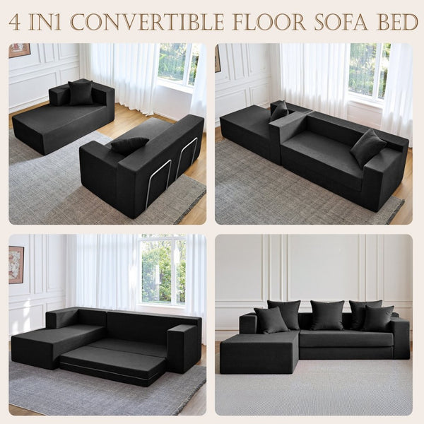English Elm 106.5" Convertible Corduroy Sectional Sofa Bed Floor Couch with High-resilience Foam Seating Black W1002S00013