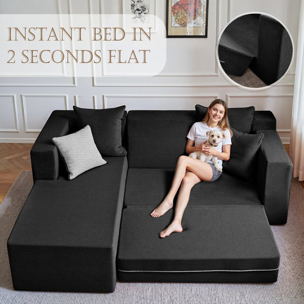 English Elm 106.5" Convertible Corduroy Sectional Sofa Bed Floor Couch with High-resilience Foam Seating Black W1002S00013