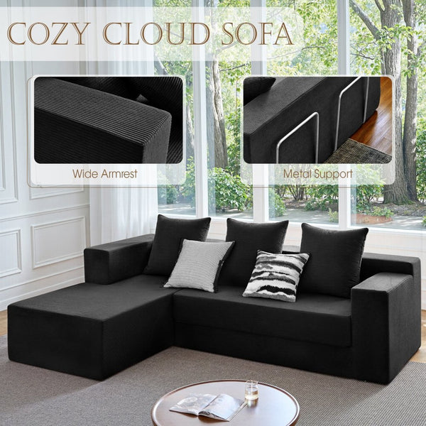 English Elm 106.5" Convertible Corduroy Sectional Sofa Bed Floor Couch with High-resilience Foam Seating Black W1002S00013