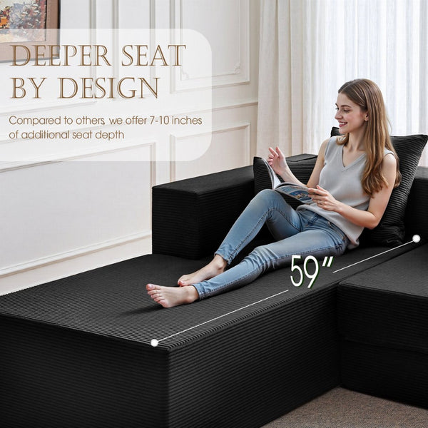English Elm 106.5" Convertible Corduroy Sectional Sofa Bed Floor Couch with High-resilience Foam Seating Black W1002S00013