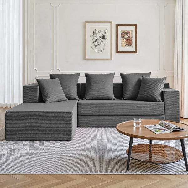 English Elm 106.5" Convertible Corduroy Sectional Sofa Bed Floor Couch with High-resilience Foam Seating Gray W1002S00014