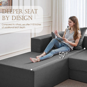 English Elm 106.5" Convertible Corduroy Sectional Sofa Bed Floor Couch with High-resilience Foam Seating Gray W1002S00014