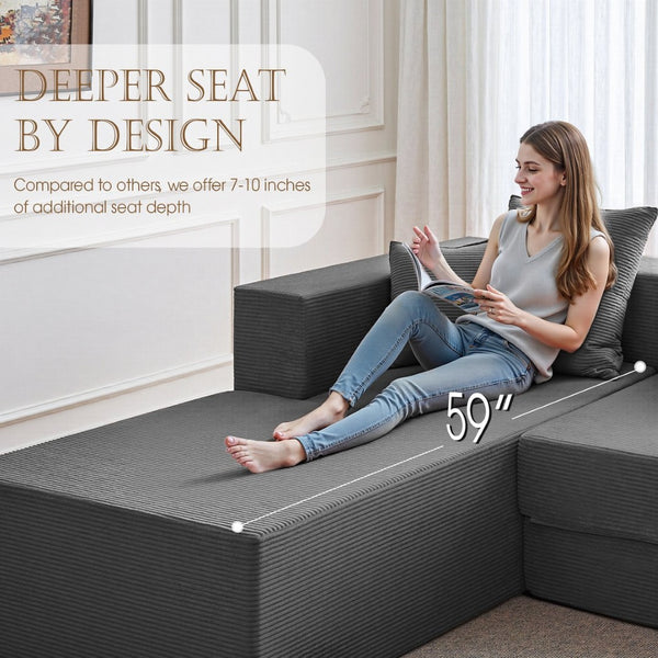 English Elm 106.5" Convertible Corduroy Sectional Sofa Bed Floor Couch with High-resilience Foam Seating Gray W1002S00014