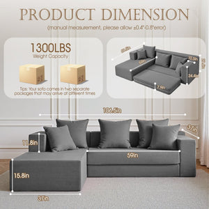 English Elm 106.5" Convertible Corduroy Sectional Sofa Bed Floor Couch with High-resilience Foam Seating Gray W1002S00014