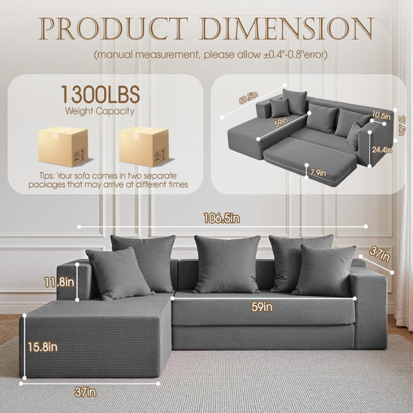 English Elm 106.5" Convertible Corduroy Sectional Sofa Bed Floor Couch with High-resilience Foam Seating Gray W1002S00014