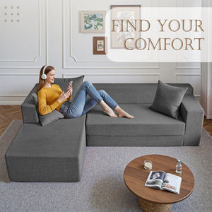 English Elm 106.5" Convertible Corduroy Sectional Sofa Bed Floor Couch with High-resilience Foam Seating Gray W1002S00014