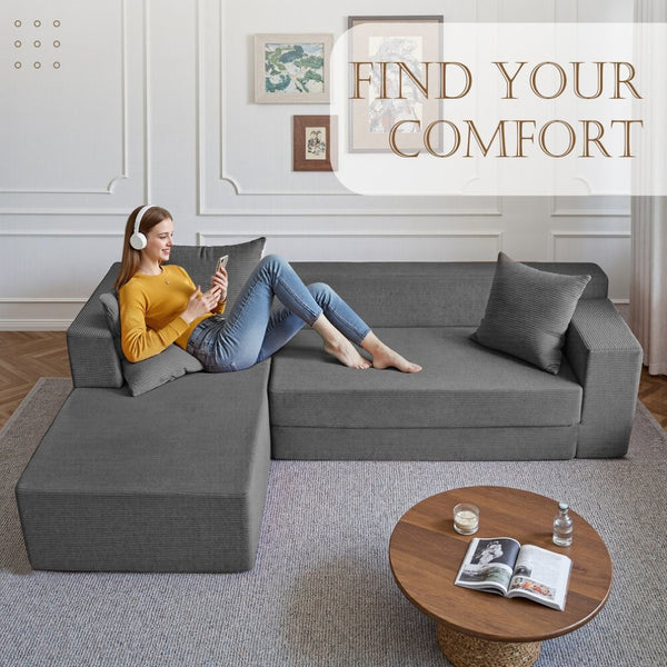 English Elm 106.5" Convertible Corduroy Sectional Sofa Bed Floor Couch with High-resilience Foam Seating Gray W1002S00014