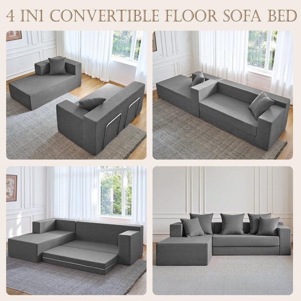 English Elm 106.5" Convertible Corduroy Sectional Sofa Bed Floor Couch with High-resilience Foam Seating Gray W1002S00014