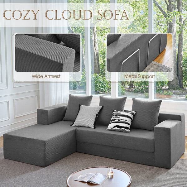 English Elm 106.5" Convertible Corduroy Sectional Sofa Bed Floor Couch with High-resilience Foam Seating Gray W1002S00014