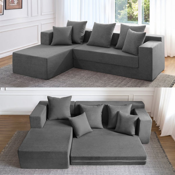 English Elm 106.5" Convertible Corduroy Sectional Sofa Bed Floor Couch with High-resilience Foam Seating Gray W1002S00014