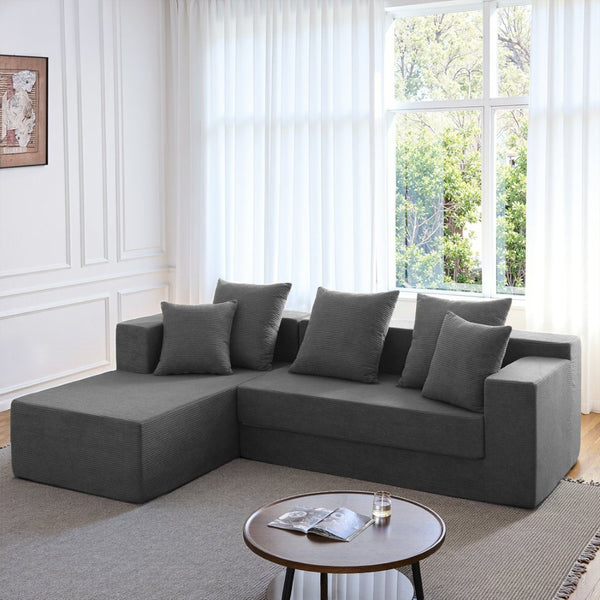 English Elm 106.5" Convertible Corduroy Sectional Sofa Bed Floor Couch with High-resilience Foam Seating Gray W1002S00014