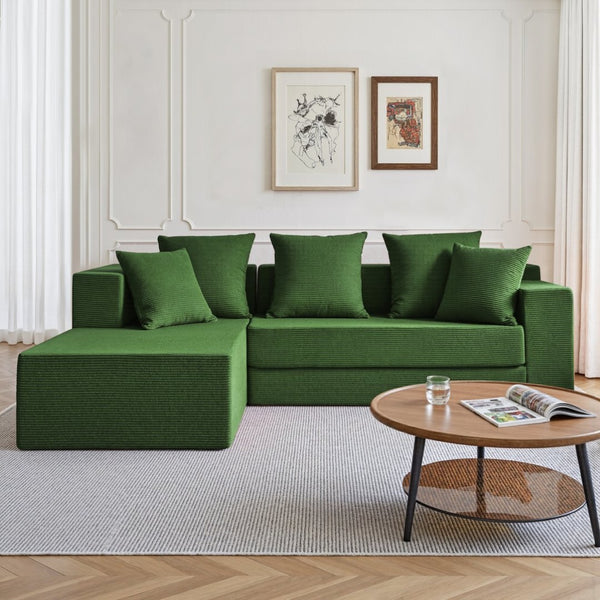 English Elm 106.5" Convertible Corduroy Sectional Sofa Bed Floor Couch with High-resilience Foam Seating Antique Green W1002S00015