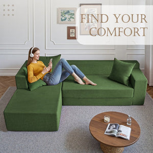 English Elm 106.5" Convertible Corduroy Sectional Sofa Bed Floor Couch with High-resilience Foam Seating Antique Green W1002S00015