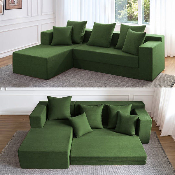 English Elm 106.5" Convertible Corduroy Sectional Sofa Bed Floor Couch with High-resilience Foam Seating Antique Green W1002S00015